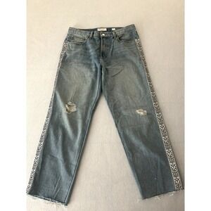 Lucky Brand Relaxed Tapered Jeans Womens Distressed Fray & Side Stripe Boho